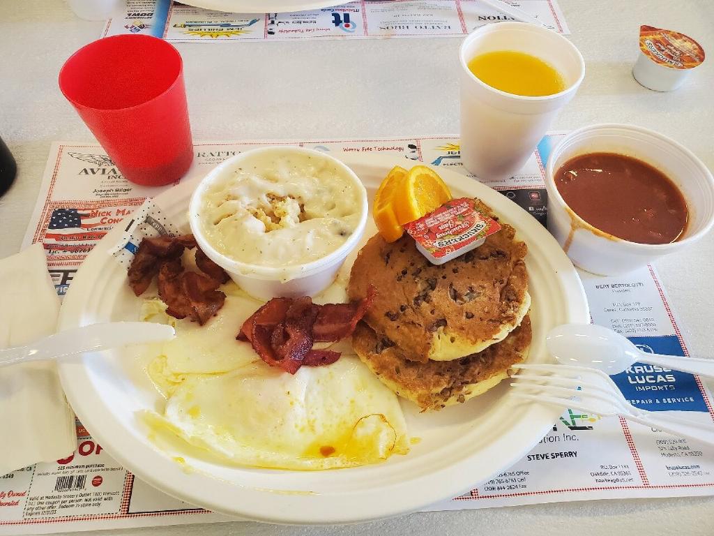Plate of Delish Breakfast Food Eggs Bacon Pancakes