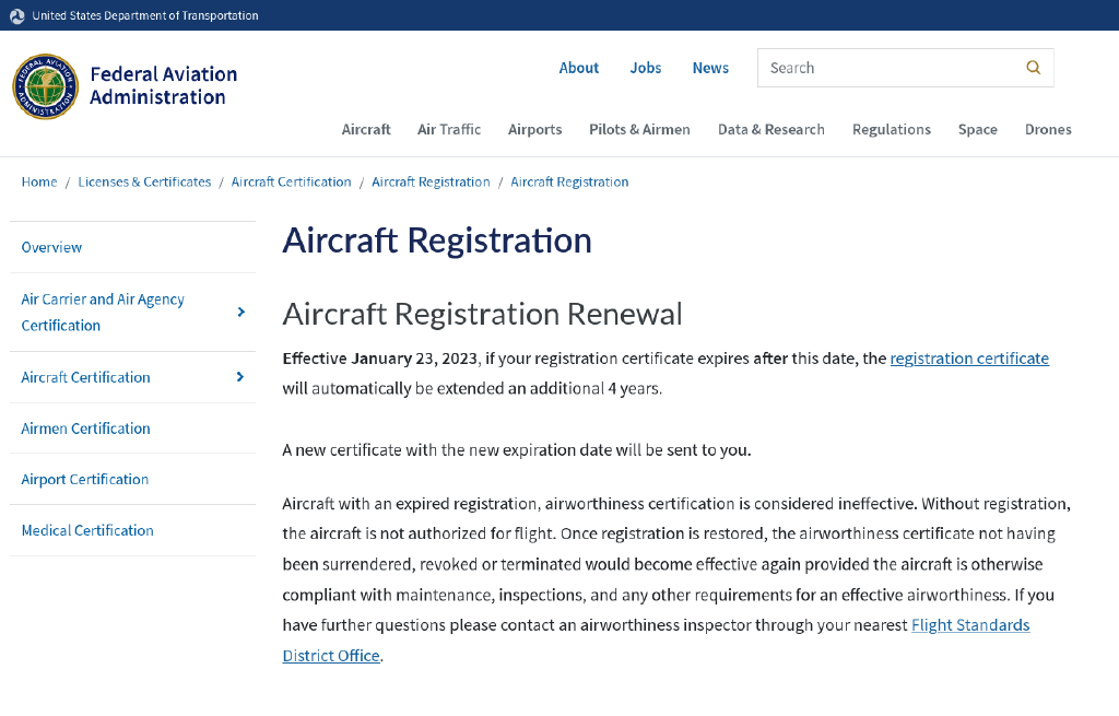 Faa Aircraft Registration Renewal Note Stating 4 Year