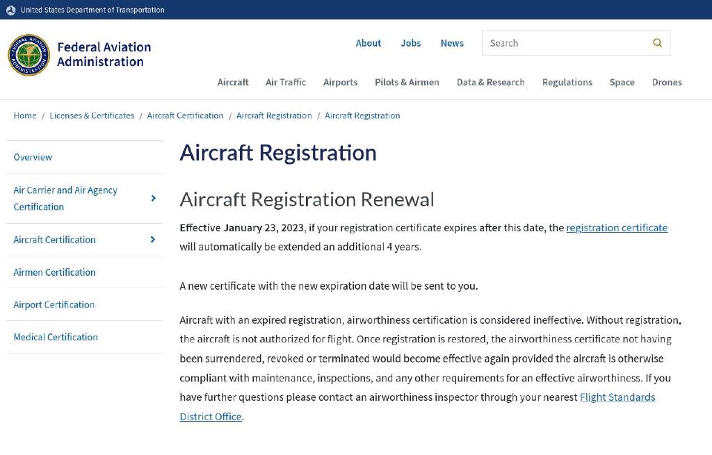 Faa Aircraft Registration Renewal Note Stating 4 Year